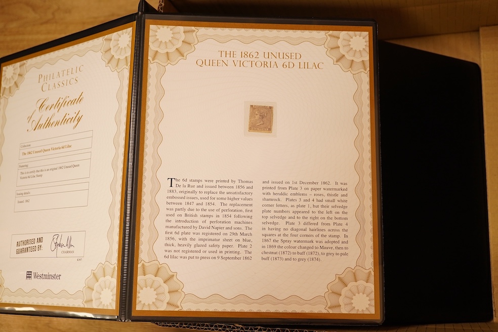 A large collection of stamps in Westminster Collection cases with certificates to include 1856 Queen Victoria 6d Lilac, 1884 10 Shilling ‘Cobalt Blue’ stamp, 1884 Victorian High Value Definitives (2s 6d, 5s, 10s), 1872-7